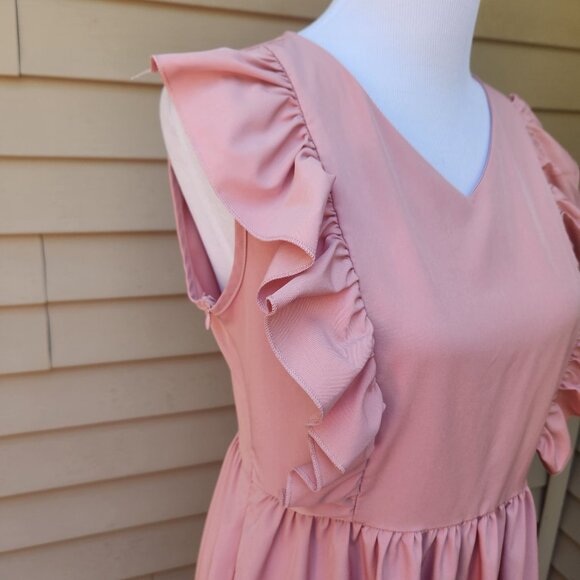 SHEIN Pink V-Neck Dress Ruffle Trim Solid Side Zip Sleeveless - Picture 9 of 13